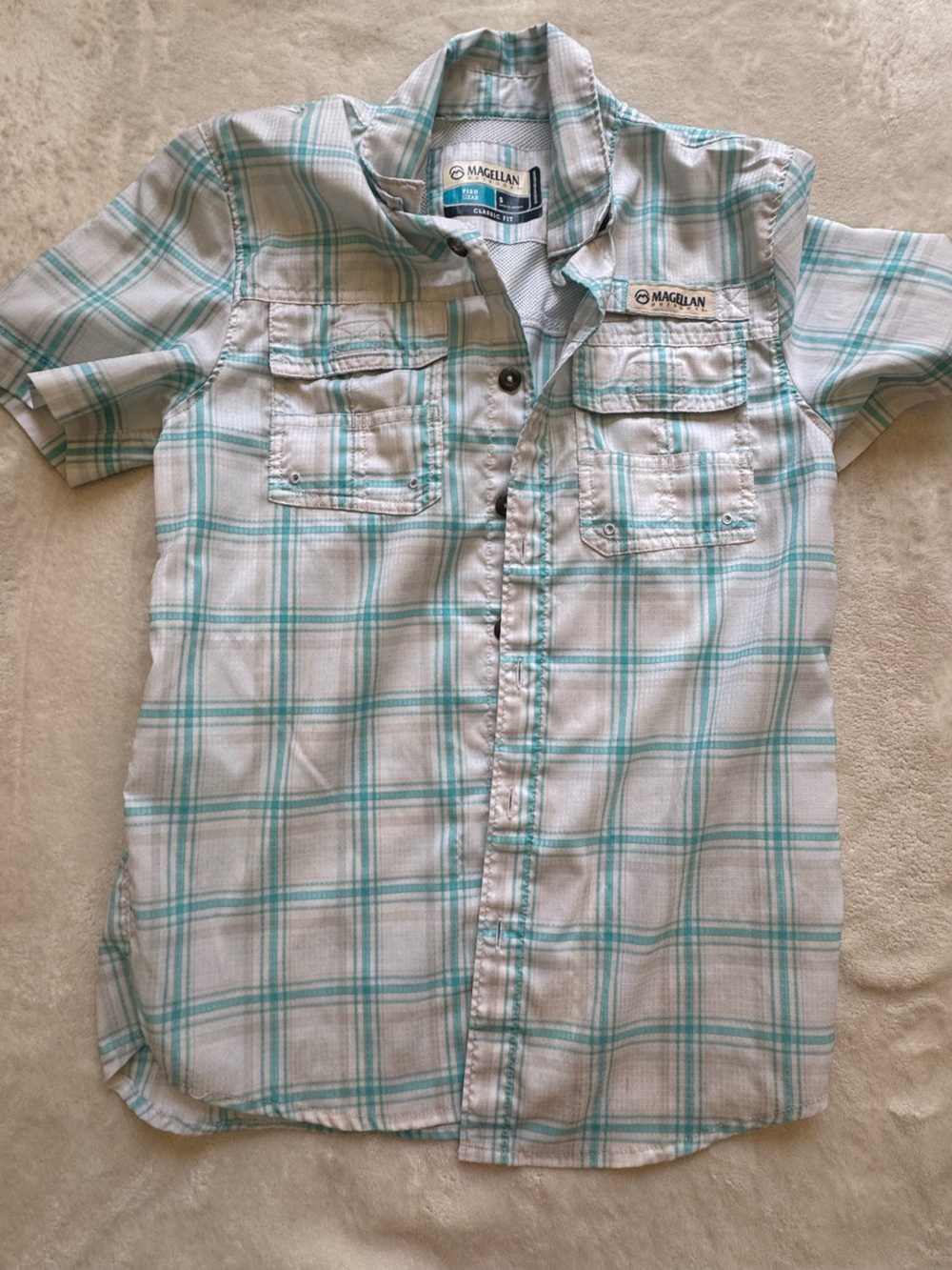 Magellan Outdoors Boys Plaid Short Sleeve Button-Up Shirt in White and Teal